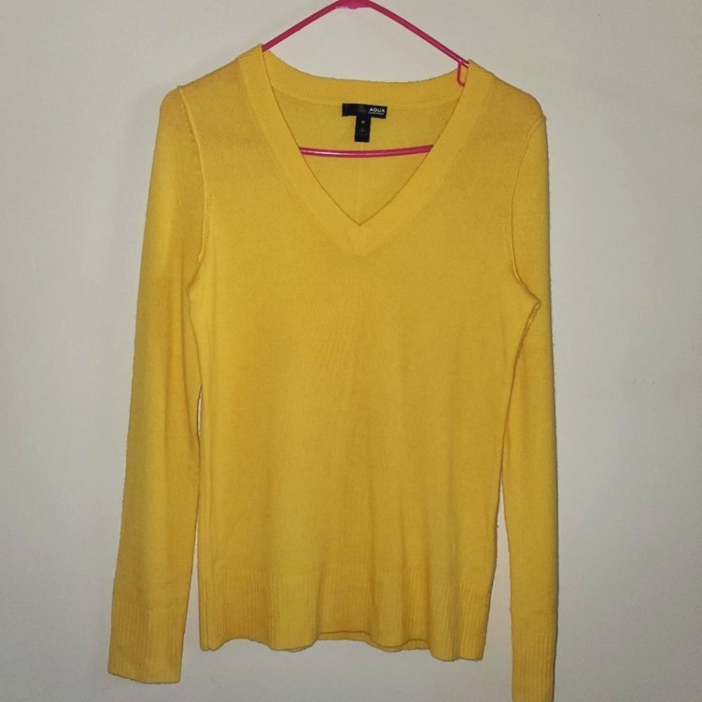 Aqua Cashmere Yellow V-Neck 100% Cashmere Long Sleeve Pullover Sweater Small
